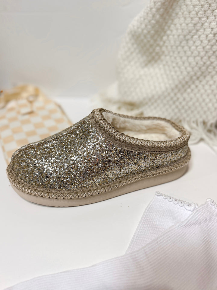 Very G Georgina champagne glitter slip-on mule slipper with sherpa lining and braided trim detail
