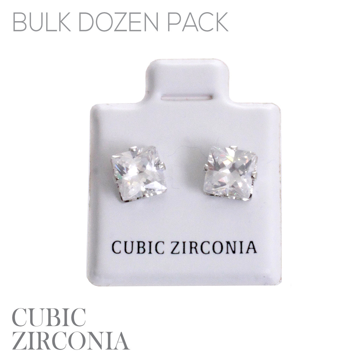 Square princess-cut cubic zirconia silver stud earrings with four-prong setting, clear sparkling stones on white display card