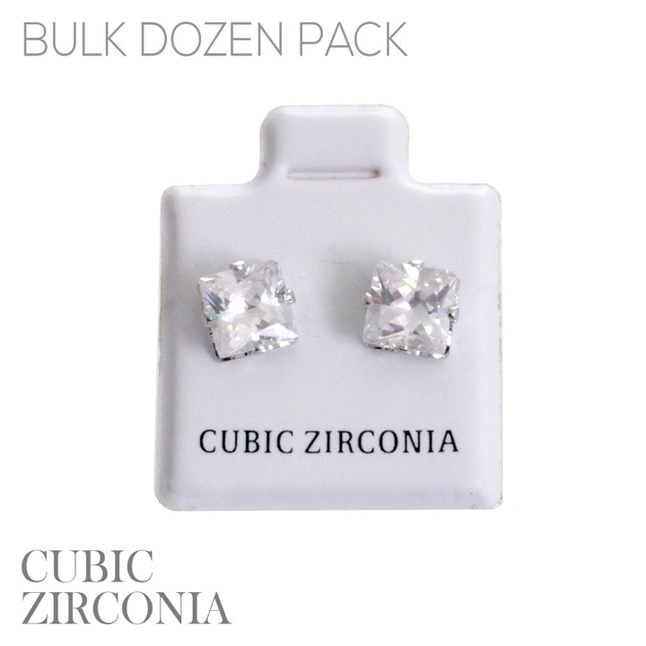 Square princess-cut cubic zirconia silver stud earrings with four-prong setting, clear sparkling stones on white display card