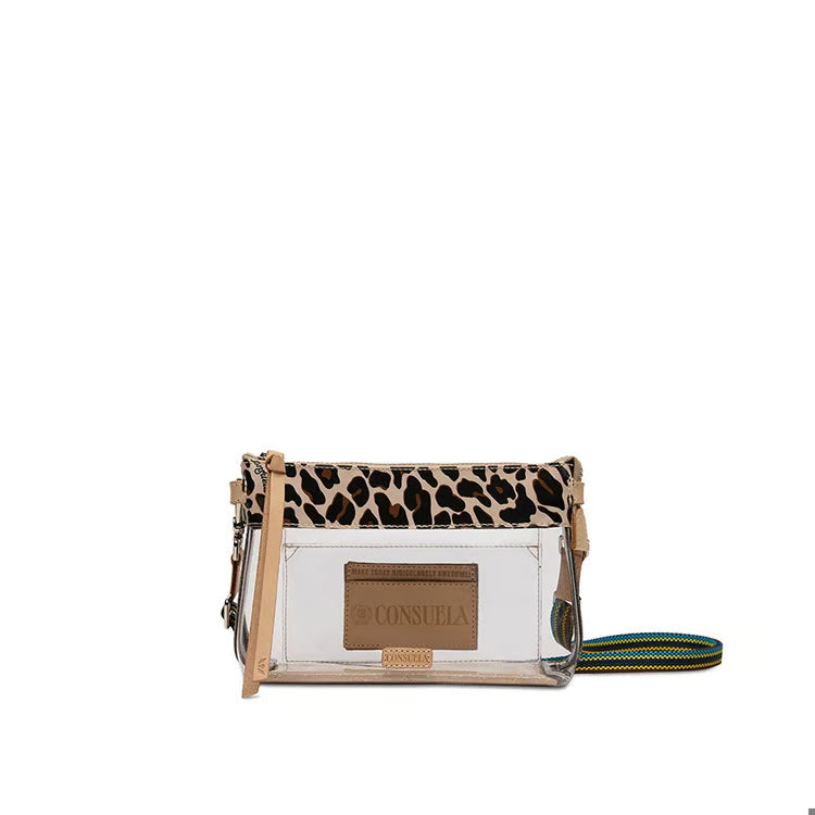 Consuela Midtown Crossbody Clear Mona bag with leopard print top panel, clear PVC body, and colorful wrist strap