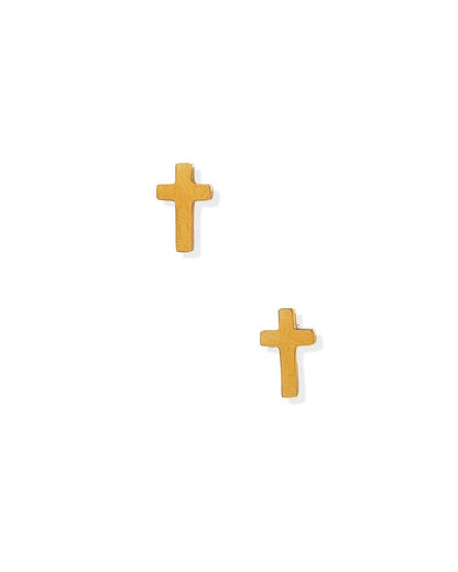 Gold Catherine cross stud earrings with a simple polished cross