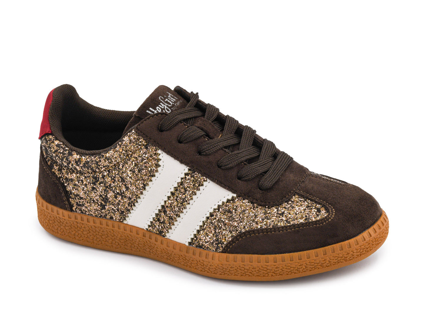 Corky's women's chocolate brown suede sneaker with gold glitter panels, white stripes, red heel tab, and gum sole.