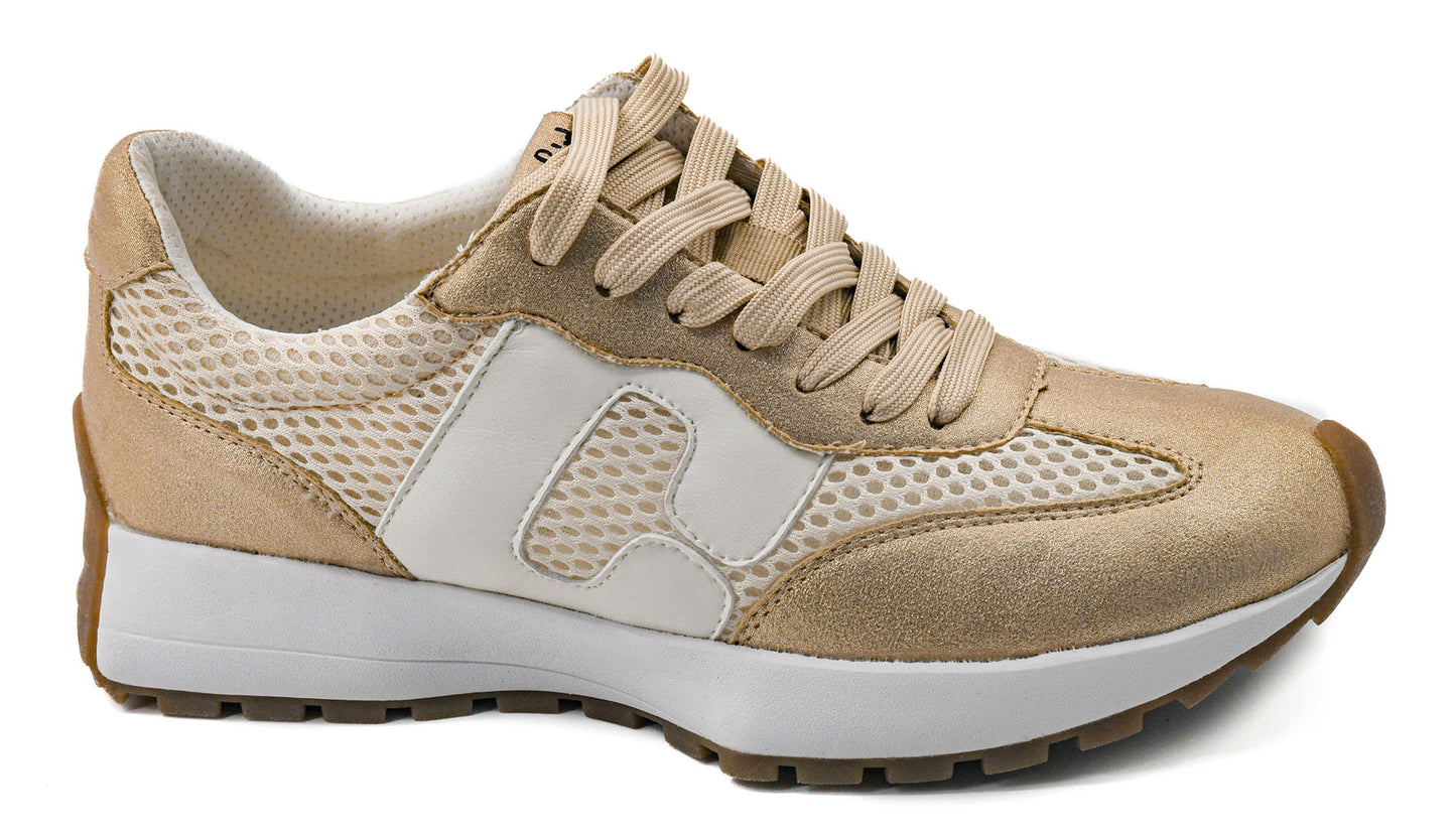 Corky's gold and white athletic sneaker with mesh panels and metallic accents on white background