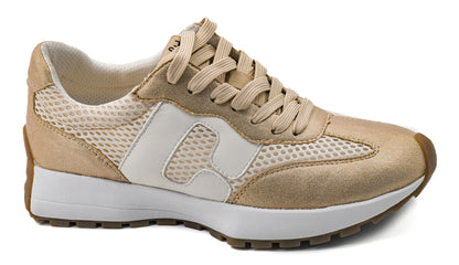 Corky's gold and white athletic sneaker with mesh panels and metallic accents on white background