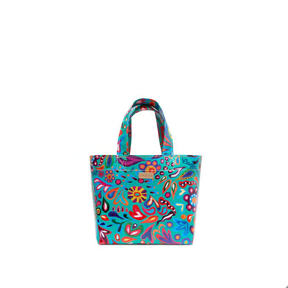 Consuela Grab 'n' Go Mini tote in Tasha print: turquoise bag with colorful floral abstract pattern and gold logo.