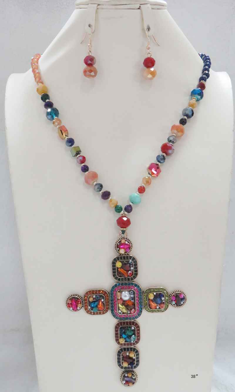 Multicolor beaded 38-inch necklace with ornate rhinestone cross pendant and matching crystal drop earrings