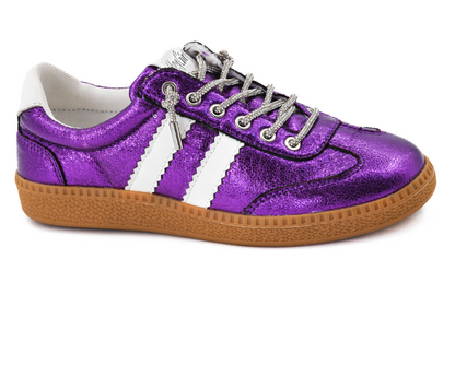 Corkys metallic purple crinkle leather low-top sneaker with white stripes, rhinestone laces, and gum sole