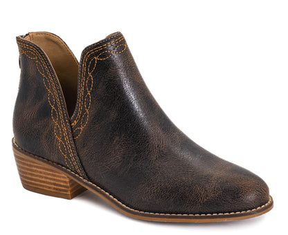 Corky's espresso crinkle leather western ankle bootie with gold stitching, V-cutout, and stacked block heel