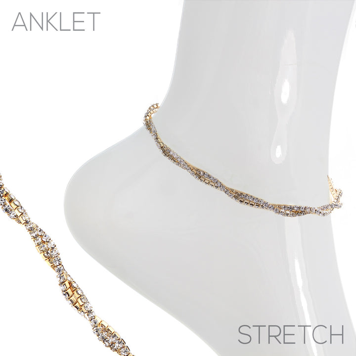 Gold stretch anklet with double row of clear crystal rhinestones and twisted front detail on mannequin ankle