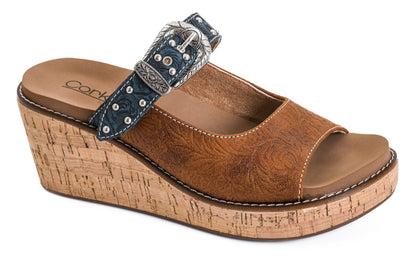 Corky's cognac embossed wedge sandal with teal studded ankle strap, ornate silver Western buckle, and natural cork platform