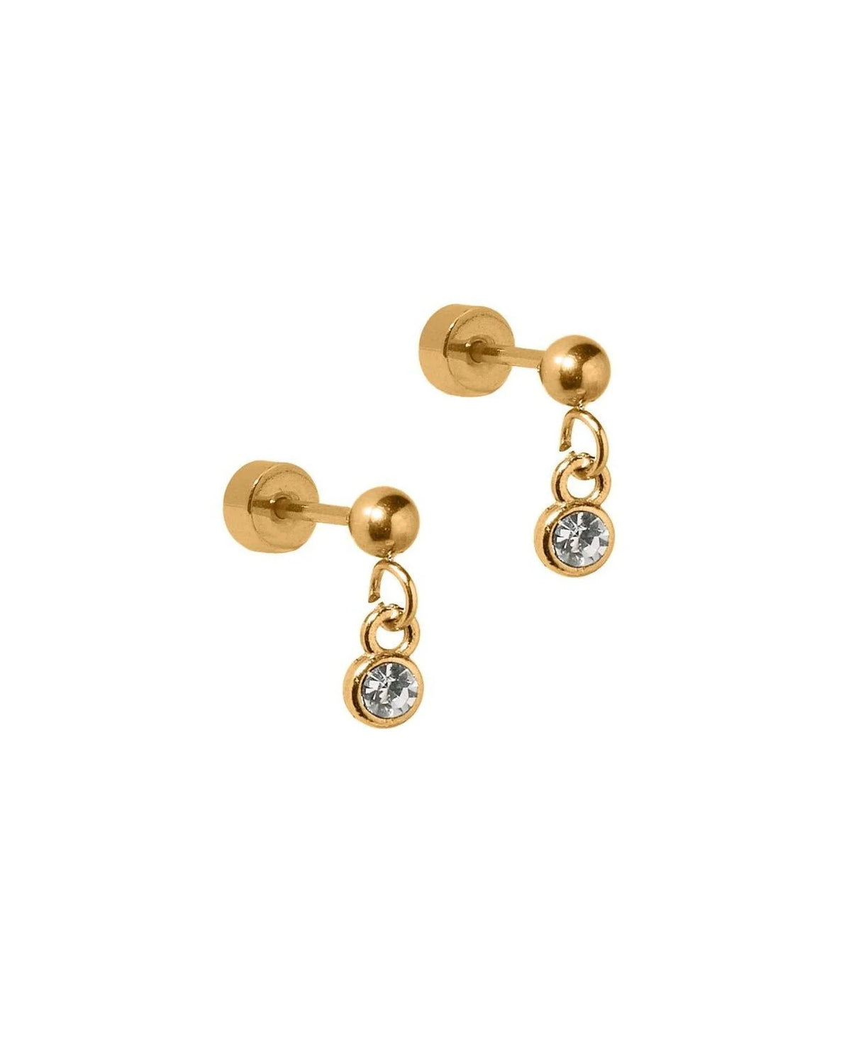 Gold Millie sparkle stud earrings with a small dangling CZ stone
