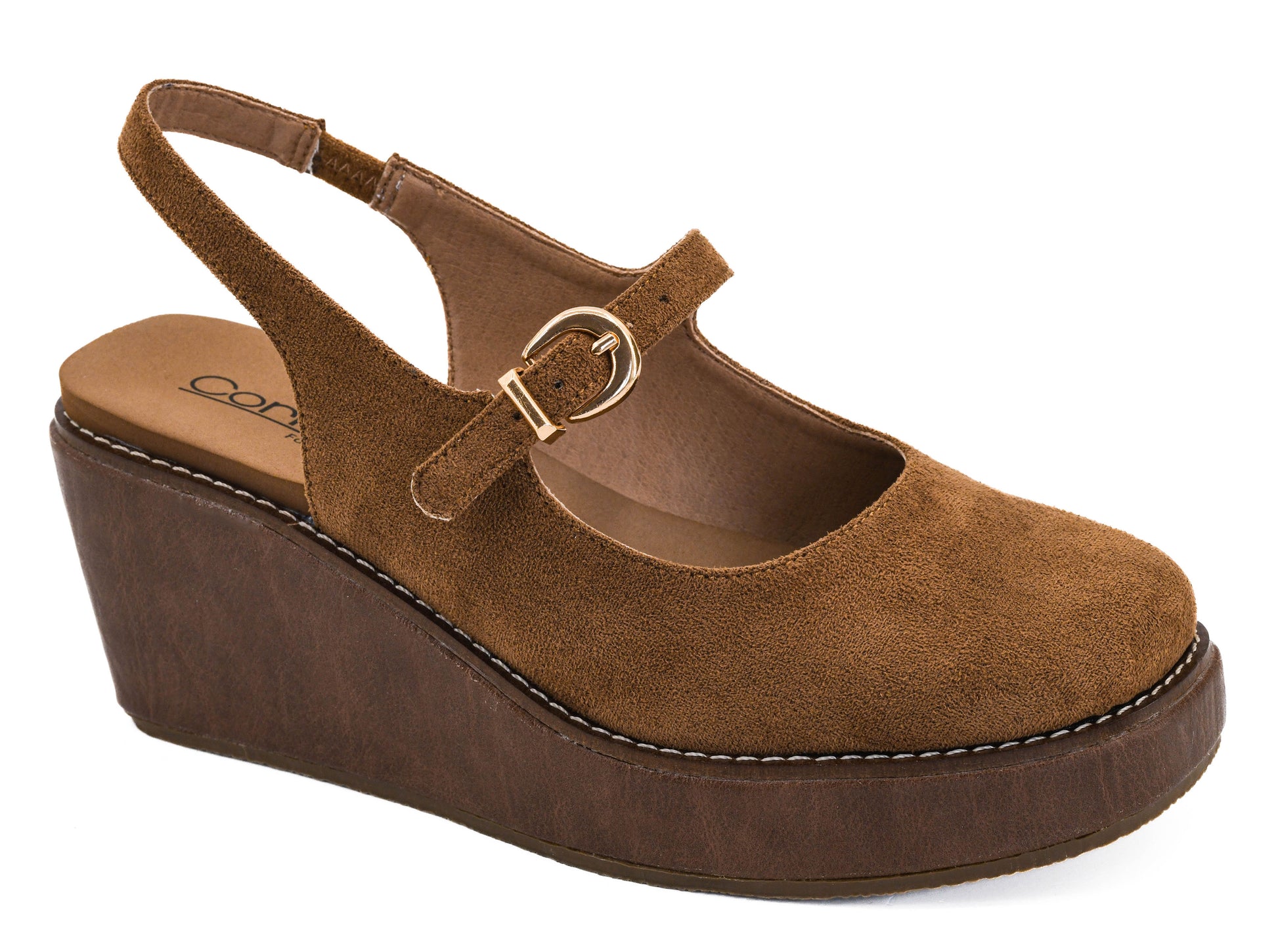 Corky's chestnut faux suede Mary Jane slingback platform wedge sandal with gold buckle and dark brown sole