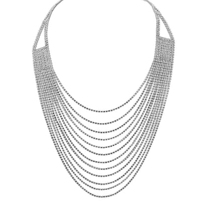 Silver crystal multi-strand layered bib necklace with 12 draped rhinestone chains in waterfall design