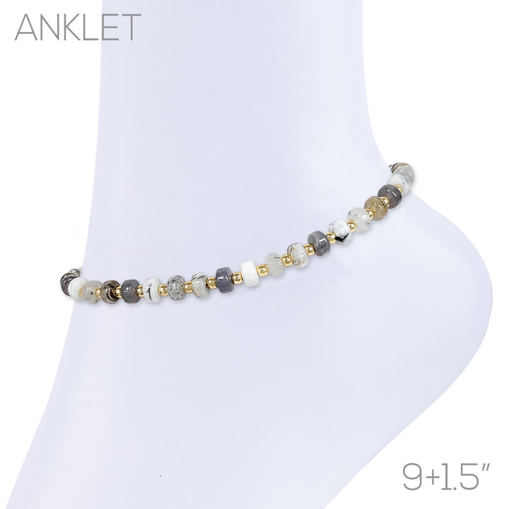 Beaded anklet in smokey gray and gold tones with mixed faceted beads, 9+1.5 inch adjustable fit