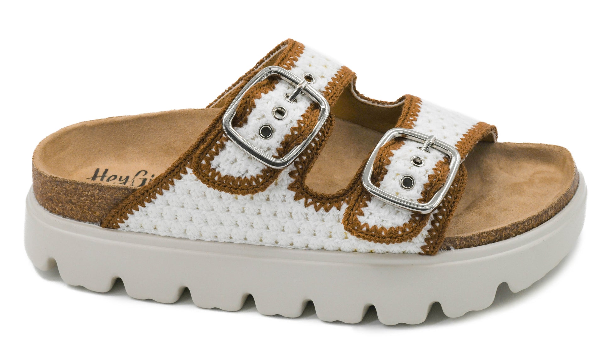 Corky's ivory white crochet double-strap platform slide sandals with tan trim and silver buckles on white lug sole