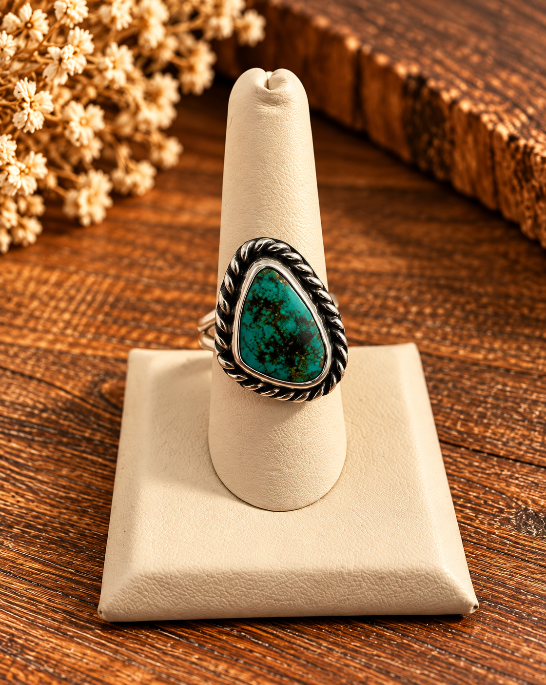 Rodeo Queen Ring by Boho Sol, a teardrop deep green turquoise stone with dark veining in a twisted rope sterling setting