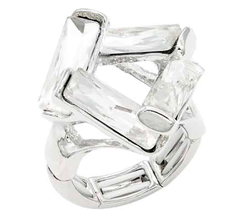 Modern rhodium-plated stretch ring with stacked clear rectangular crystals in geometric design