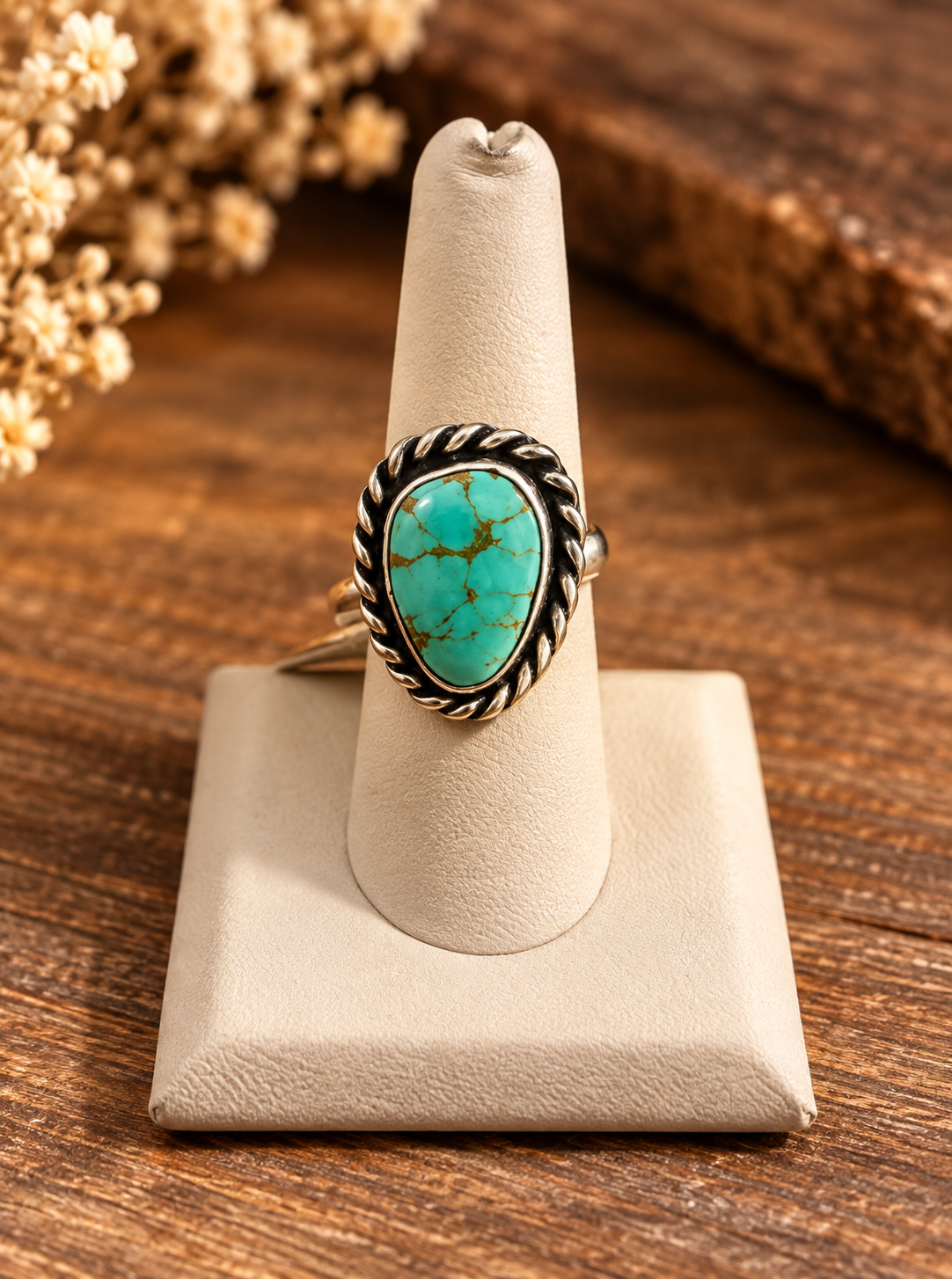 Santa Fe Ring by Boho Sol, a free-form turquoise stone with brown veining in a twisted rope sterling setting, on a ring stand
