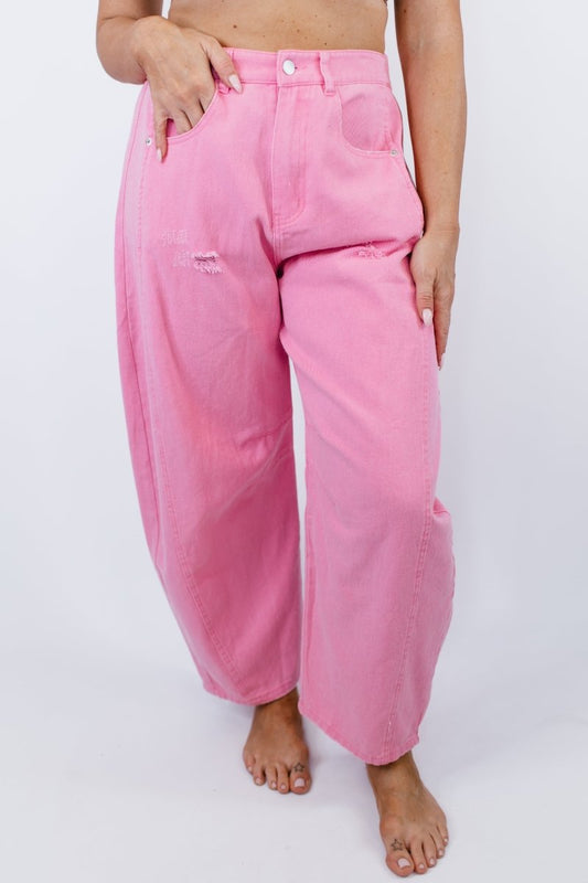 Acid Wash Barrel Jeans in Pink - Reg/Curvy - FINAL SALE - Macoma Boutique170 Denim