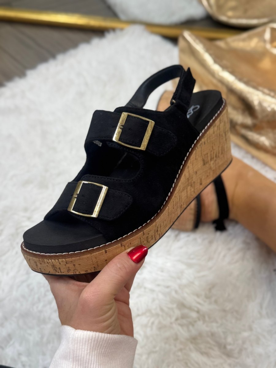 BLACK FRIDAY DEAL: Corky's Black Faux Suede My 2 Cents Wedges - Macoma Boutique302 Wedges & Heels