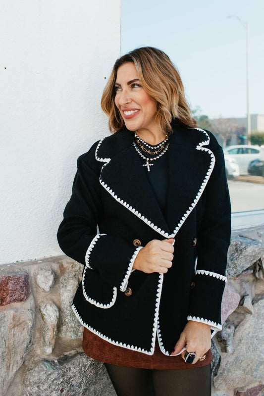 BLACK FRIDAY DEAL: Stitched In Style Jacket In Black And Cream - Macoma Boutique230 Outerwear
