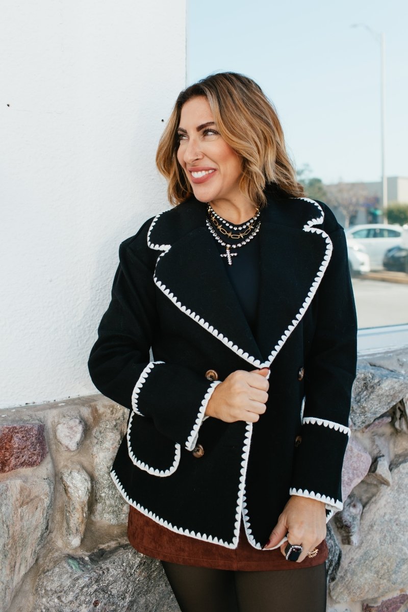 BLACK FRIDAY DEAL: Stitched In Style Jacket In Black And Cream - Macoma Boutique230 Outerwear