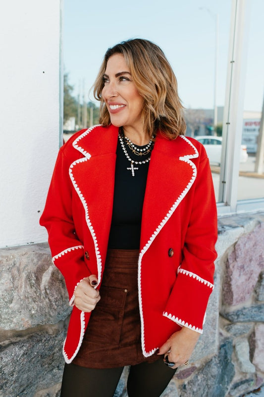 BLACK FRIDAY DEAL: Stitched In Style Jacket In Dark Red And Cream - Macoma Boutique230 Outerwear