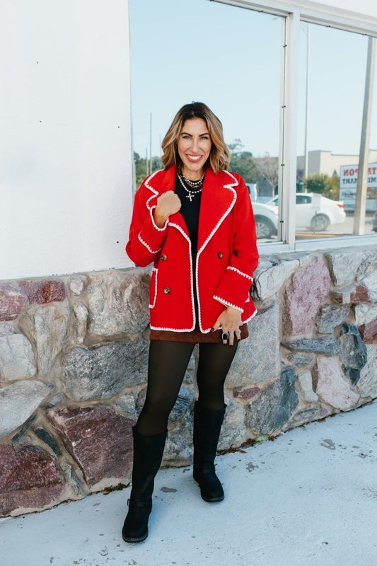 BLACK FRIDAY DEAL: Stitched In Style Jacket In Dark Red And Cream - Macoma Boutique230 Outerwear