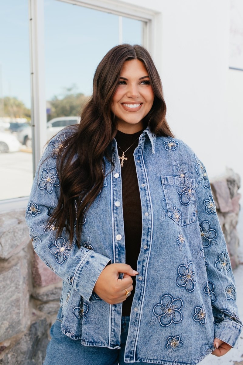 Botanical Blues Denim Shirt - Macoma Boutique120 Long Sleeve