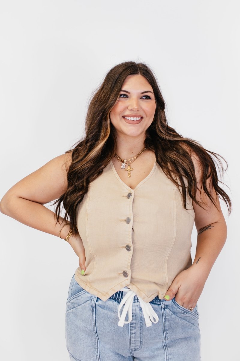 BLACK FRIDAY DEAL: Button Down Vest in Latte - Reg/Curvy -FINAL SALE