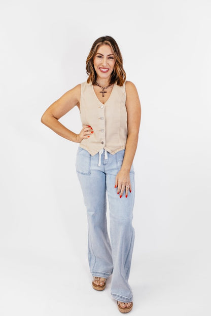 Button Down Vest in Latte - Reg/Curvy - FINAL SALE - Macoma Boutique110 Tanks