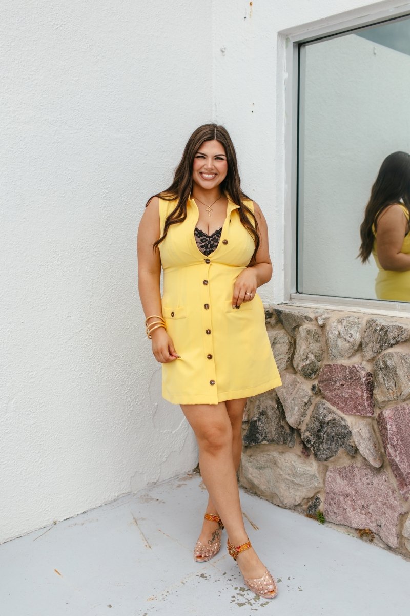 Buttoned Beauty Dress In Yellow - Macoma Boutique250 Dresses