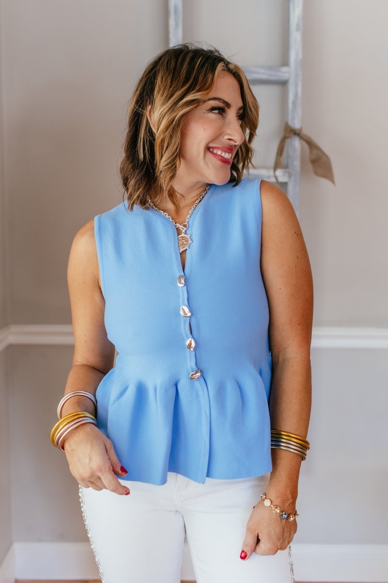 Buttoned Bliss Top In Blue - Macoma Boutique100 Short Sleeve