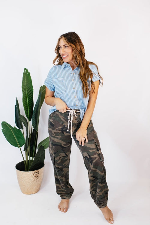 Chambray Stripes Top - FINAL SALE - Macoma Boutique100 Short Sleeve