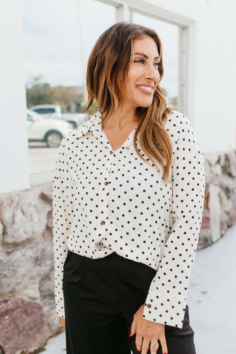 Classic Kathryn Button Up Top in Black Polka Dots - Reg & Curvy - Macoma Boutique120 Long Sleeve