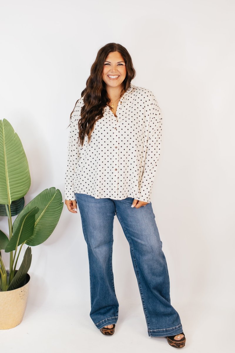 Classic Kathryn Button Up Top in Black Polka Dots - Reg & Curvy - Macoma Boutique120 Long Sleeve