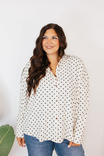 Classic Kathryn Button Up Top in Black Polka Dots - Reg & Curvy - Macoma Boutique120 Long Sleeve