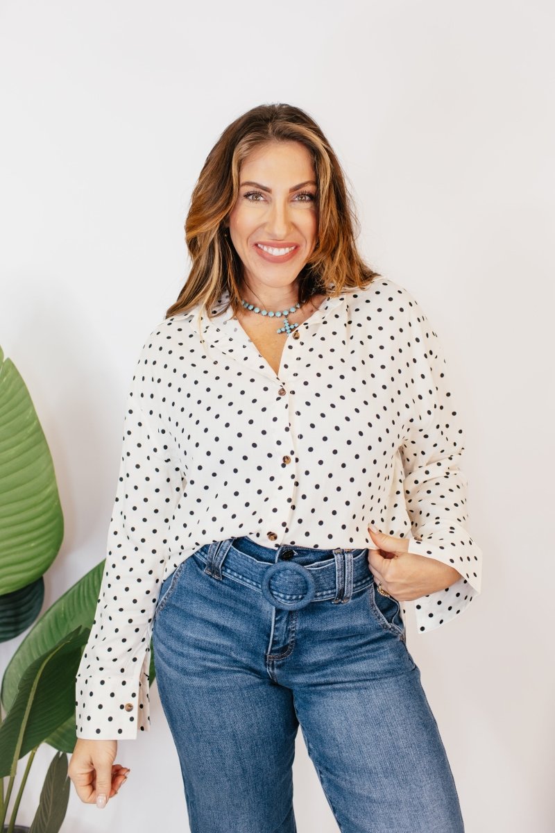 Classic Kathryn Button Up Top in Black Polka Dots - Reg & Curvy - Macoma Boutique120 Long Sleeve