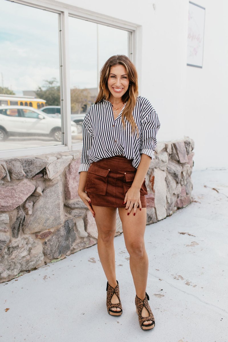 Classic Kathryn Button Up Top in Black Stripes - Reg & Curvy - Macoma Boutique120 Long Sleeve