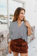 Classic Kathryn Button Up Top in Black Stripes - Reg & Curvy - Macoma Boutique120 Long Sleeve