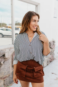 Classic Kathryn Button Up Top in Black Stripes - Reg & Curvy