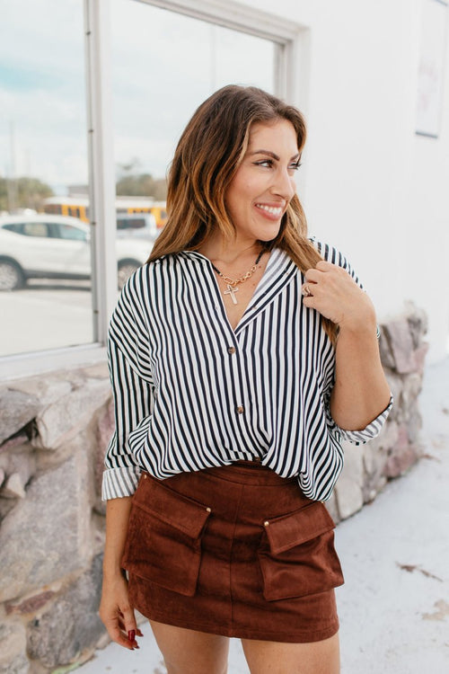 Classic Kathryn Button Up Top in Black Stripes - Reg & Curvy - Macoma Boutique120 Long Sleeve