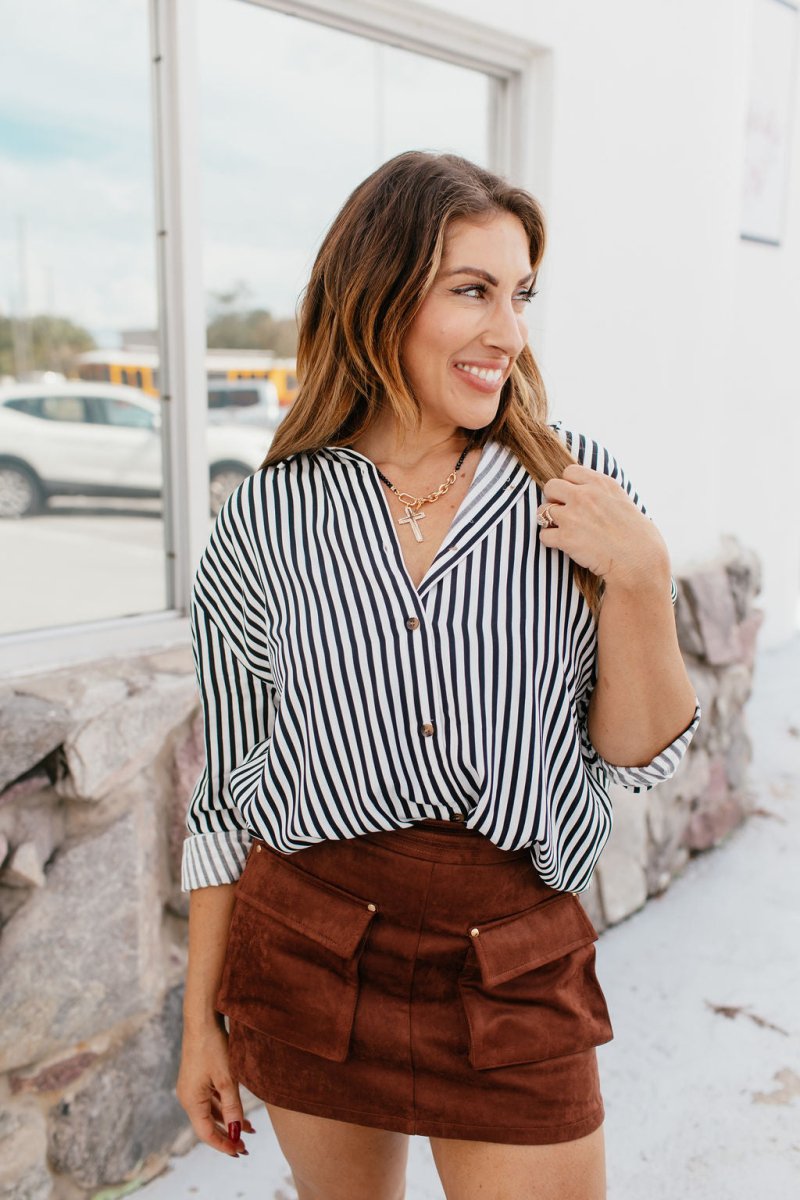 Classic Kathryn Button Up Top in Black Stripes - Reg & Curvy
