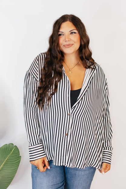Classic Kathryn Button Up Top in Black Stripes - Reg & Curvy - Macoma Boutique120 Long Sleeve