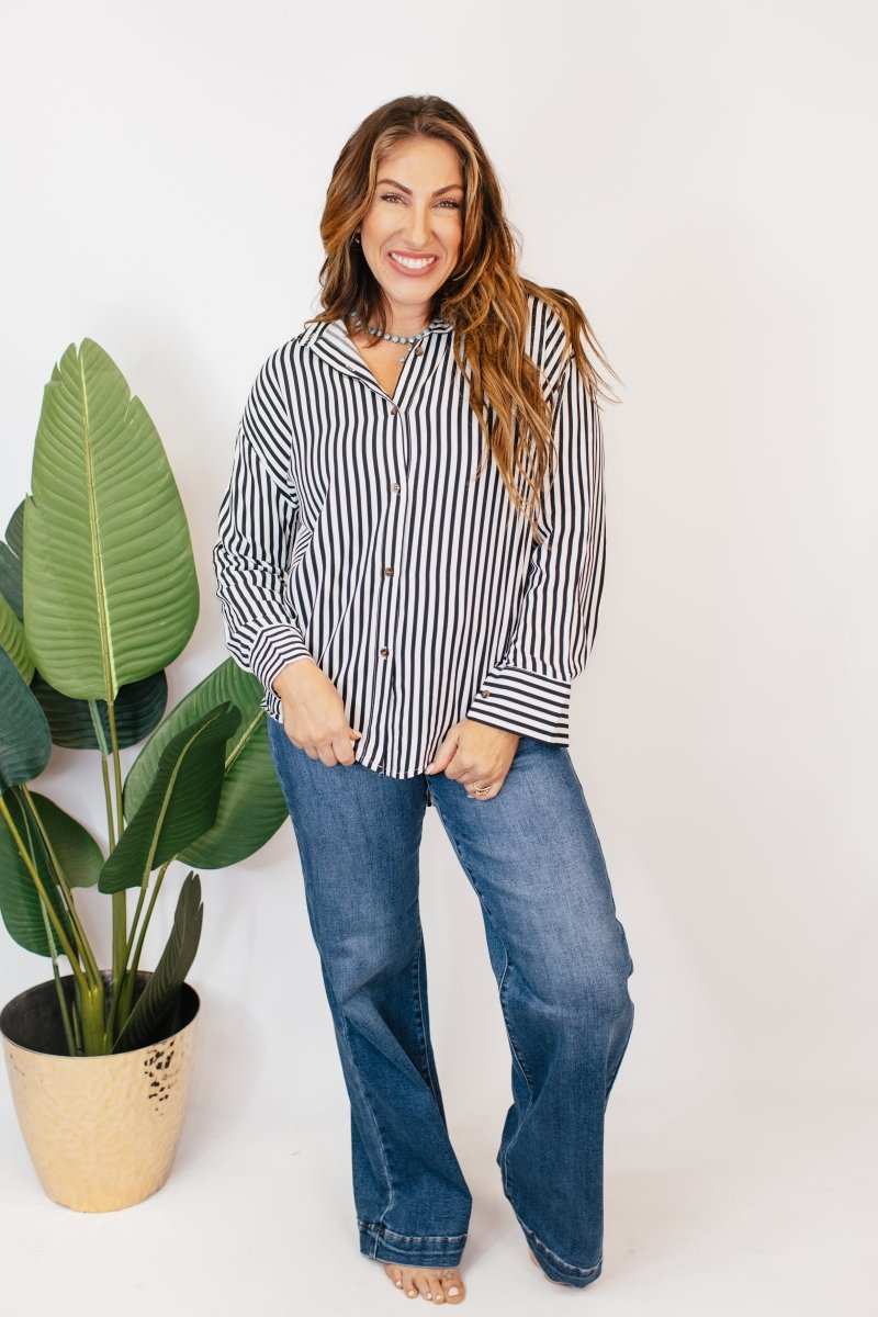Classic Kathryn Button Up Top in Black Stripes - Reg & Curvy - Macoma Boutique120 Long Sleeve