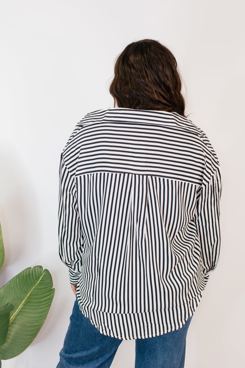 Classic Kathryn Button Up Top in Black Stripes - Reg & Curvy - Macoma Boutique120 Long Sleeve