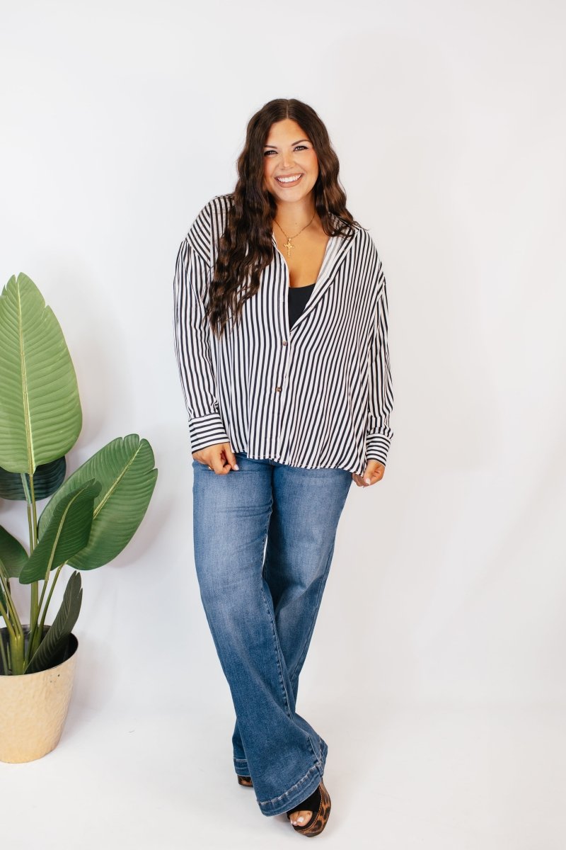 Classic Kathryn Button Up Top in Black Stripes - Reg & Curvy - Macoma Boutique120 Long Sleeve