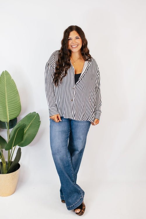 Classic Kathryn Button Up Top in Black Stripes - Reg & Curvy - Macoma Boutique120 Long Sleeve