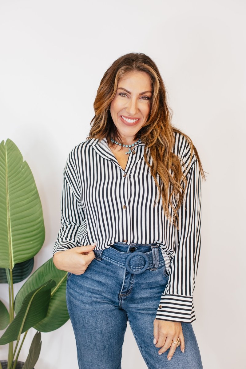Classic Kathryn Button Up Top in Black Stripes - Reg & Curvy