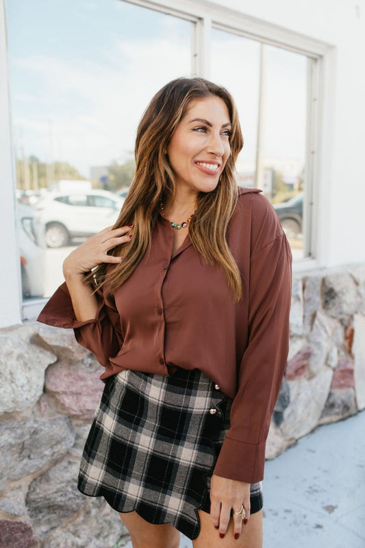 Classic Kathryn Button Up Top in Brown - Reg & Curvy - Macoma Boutique120 Long Sleeve